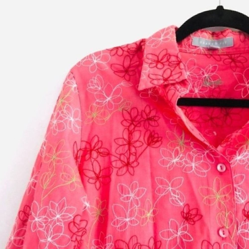 Foxcroft Top 8 Long Sleeve Button Down Floral Embroidery Pink Boho Nature Shaped